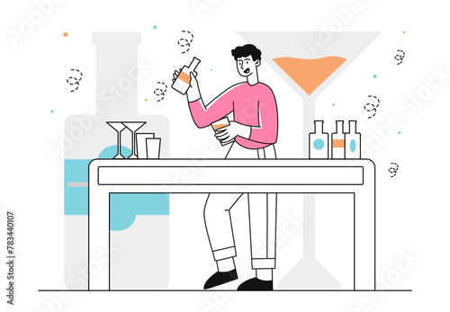 Bartender with alcoholic drinks vector linear