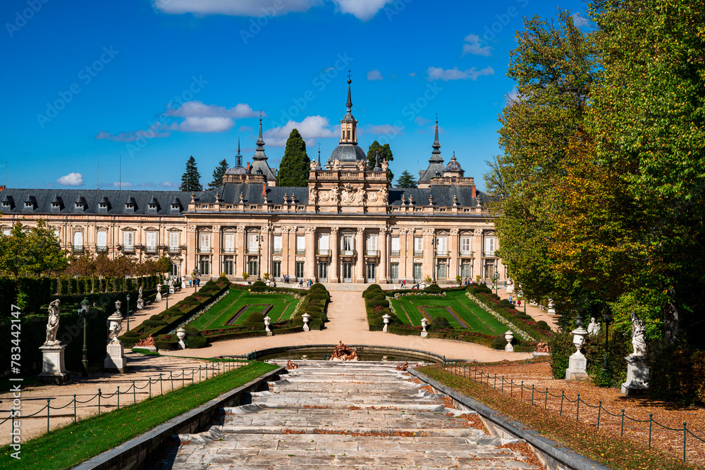 View of the main façade of the Royal Site of San Ildefonso, a Versailles palace. Photography taken in Segovia, Spain.