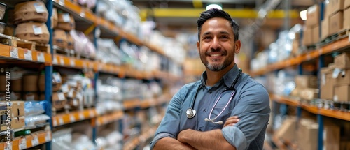 Smiling Professional Amidst Organized Shelves. Concept Workplace Portraits, Office Environment, Professional Headshots photo
