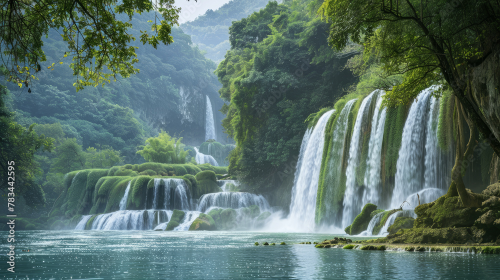 Fototapeta premium People go to waterfalls on vacation