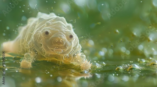 A of tardigrades is shown in a microscopic image floating in a pool of water. Despite the seemingly inhospitable environment these photo