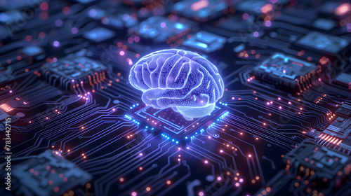 3D render of a human brain on top, surrounded by a circuit board and glowing lights
