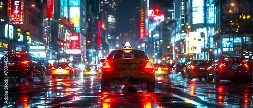 Vibrant Nightlife Pulse: City Lights and Rain-Glossed Streets. Concept Cityscape, Night Photography, Lights, Street Scenes, Urban Atmosphere