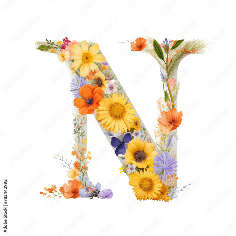 Floral Alphabet N isolated on transparent background