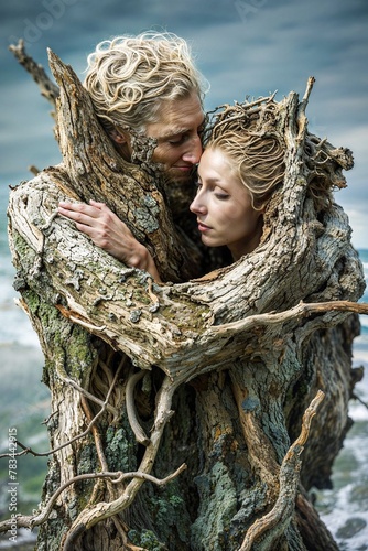 Ask and Embla, the first humans in Norse mythology, emerging from driftwood, myth, legend, Nordic, vertical