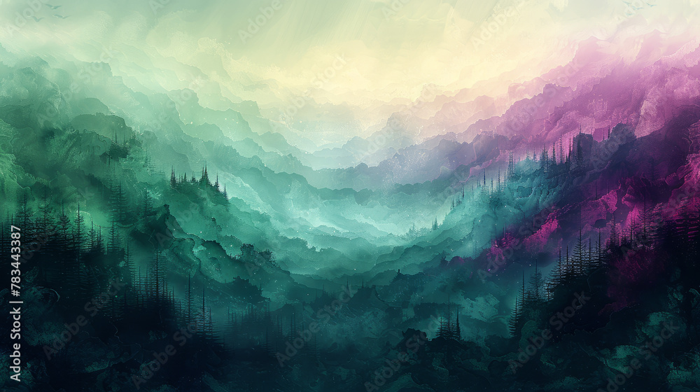 Mystical Mountain Layers in Pastel Hues - Fantasy Landscape Art