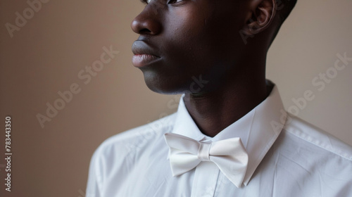 A young black man dons a crisp white shirt tucked neatly into highwaisted trousers. Completing his timeless look is a statement bowtie exuding the grace and sophistication of leaders . photo