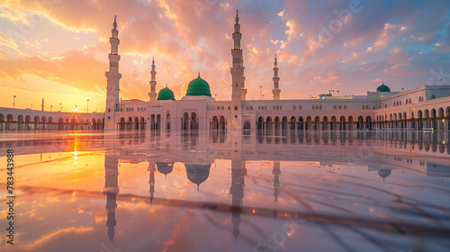 Masjid Nabawi mosque beautiful sunset cloudy, Prophet's Mosque in Madinah Munawara Saudi Arabia