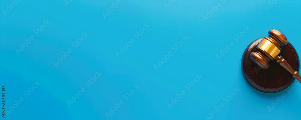 Gavel web banner. Gavel isolated on blue background with space for text.
