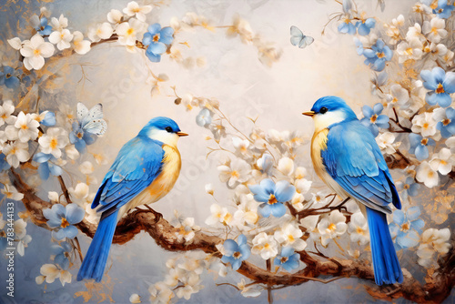 Watercolor painting of a landscape of branches with a colorful bird standing on the trees, in blue and white colors