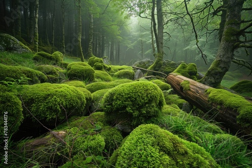 moss covered rocks and logs in woods