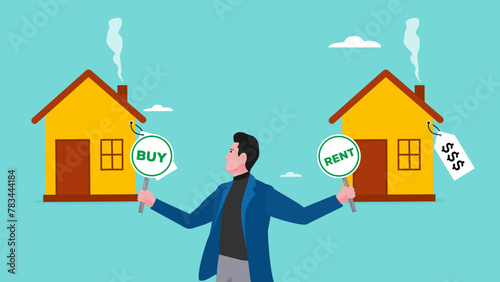 house buy or rent concept with businessmen carrying signs with the words buy or rent, buying house, rent apartment, vector illustration with flat design style