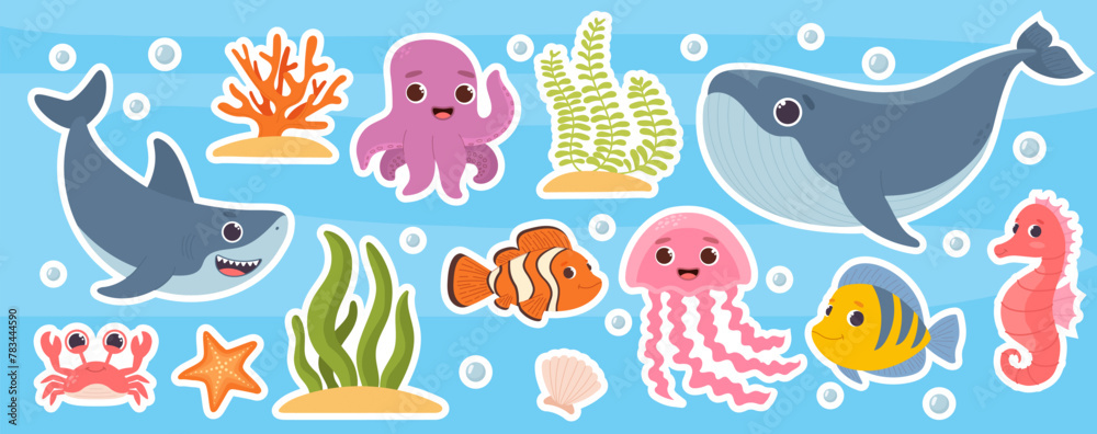 Sea animals stickers vector set