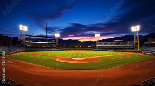 Peaceful Baseball Stadium at Dawn with Mountain Silhouettes