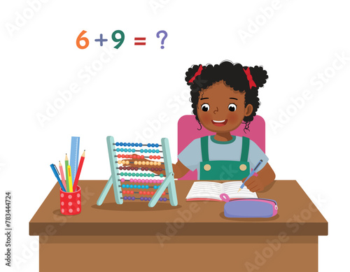 Cute little African girl study learning math counting with abacus at the desk