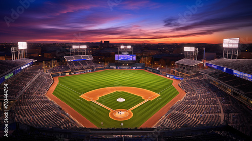 Dramatic Evening Sky Over Baseball Stadium with Illuminated Field