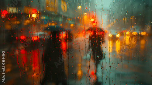 Through a rain-spattered window, the blurred figures of passersby pause to admire a lively street magician captivating an enthralled audience photo