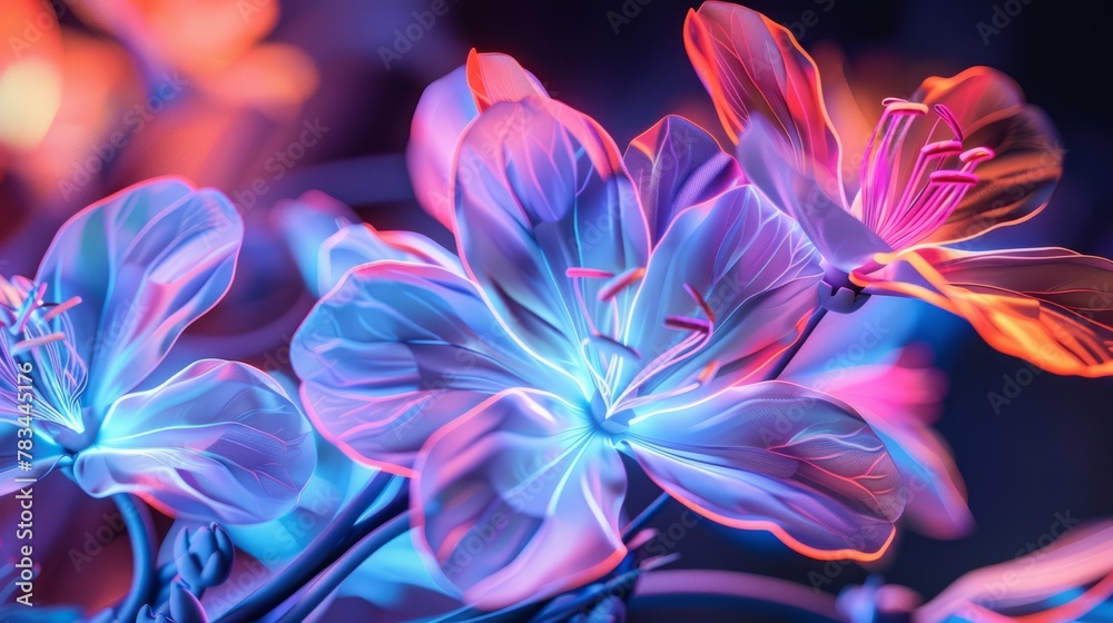 Decorative volumetric flowers with neon lighting.