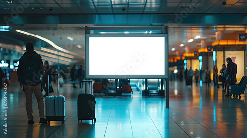Step into a lively airport terminal buzzing with travelers, where a blank clean screen signboard mockup awaits, ready to display captivating offers and advertisements photo