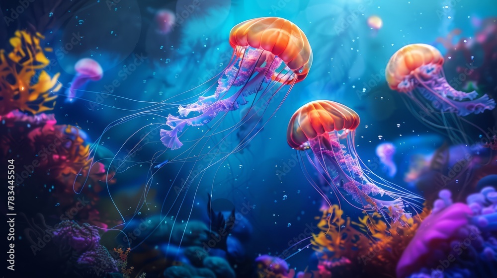 Underwater world, fish, wave background, jellyfish. Underwater world, fish, wave background, jellyfish.
