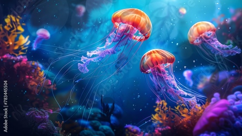 Underwater world  fish  wave background  jellyfish.