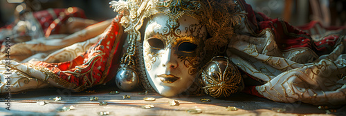 Venetian masks arranged on a tabletop, their intricate details accentuated by a play of shadows and highlights under ambient lighting