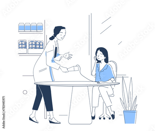 Two people at a consultation, one gesturing while explaining, the other listening attentively, line art style on a clean background, depicting a professional meeting. Vector illustration