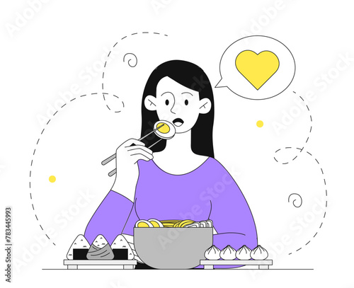 Woman eating ramen vector linear