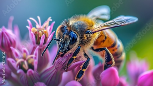 Pollination of a flower by a bee in macro. AI generative. © PROKOPYCH
