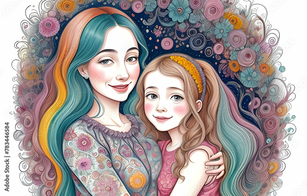 Mother and daughter smiling with colorful hair on a colorful background and hugging each other. Mother and daughter smiling with colorful hair on a colorful background and hugging each other.