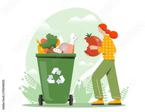 Woman placing oversized tomato in recycling bin. Concept of recycling and sustainability. Flat cartoon vector illustration