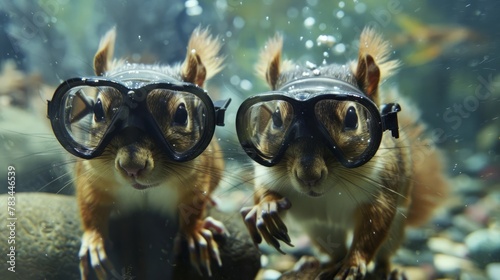 Squirrels in diving goggles explore the underwater world of an aquarium