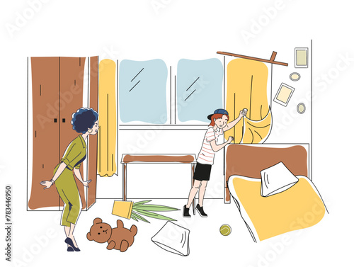 Educational problems concept. Two cartoon characters in bedroom. Naughty kid made mess in his room. Playful and casual style on white background. Simple style flat vector illustration. Contour drawing