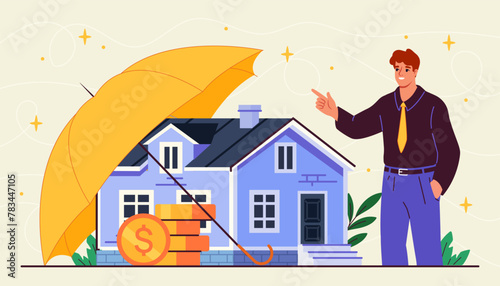 A vector illustration of a man standing by a house with coin stacks under an umbrella, on a light background, abstract concept of financial security. Vector illustration