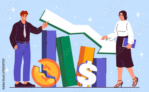 Male and female characters beside a financial downfall chart, vector illustration on a blue background, concept of business success. Flat cartoon vector illustration