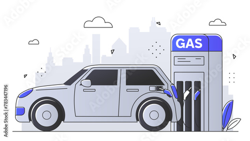 A car filling up at a gas station, line art style, with a cityscape background, concept of transportation and fuel. Simple style flat vector illustration