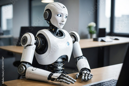 Humanoid robot working in office © volgariver