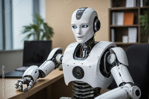 Humanoid robot working in office © volgariver