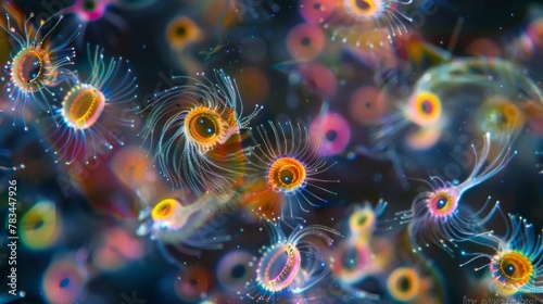 A mesmerizing image of a swarm of plankton each with its unique shape and color resembling a kaleidoscope of colors and patterns that