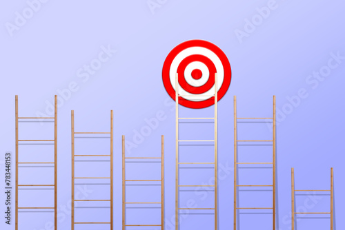 Target and achievement concept. Wooden ladders and one leading to bullseye on blue background