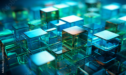 Fototapeta Naklejka Na Ścianę i Meble -  Abstract dark background with blue, green transparent glass cubes are stacked on top of each other, 3d rendering Generative AI