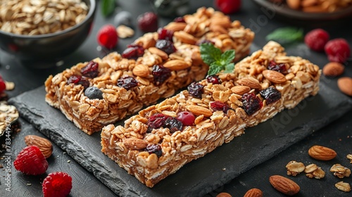 A close-up of granola bars with a crunchy texture and nutritious ingredients such as oats  dried fruits and nuts. Granola bars for a quick snack or energy boost.
