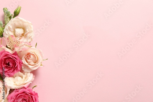 Happy Mother s Day. Beautiful roses on pink background  flat lay. Space for text