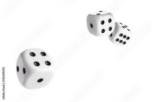 Three dice in air on white background