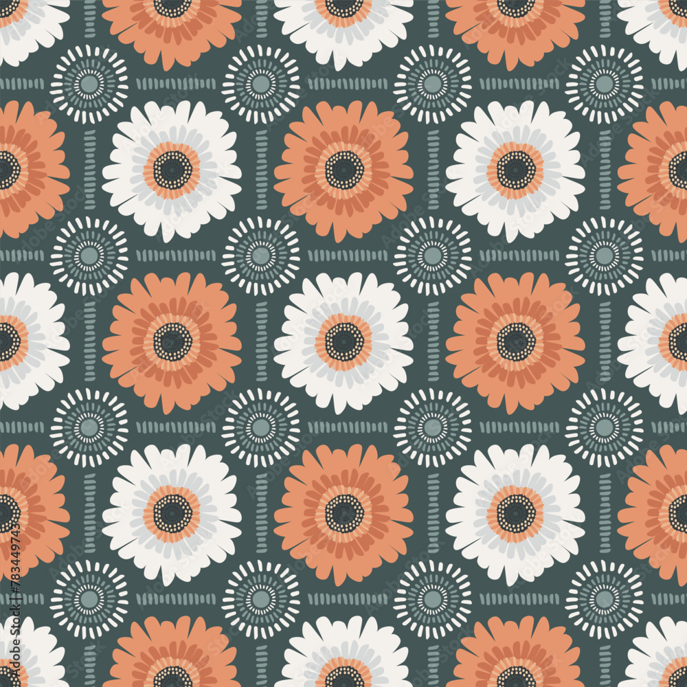 Orange and White Gerbera Daisy Grid Seamless Vector Repeat Pattern