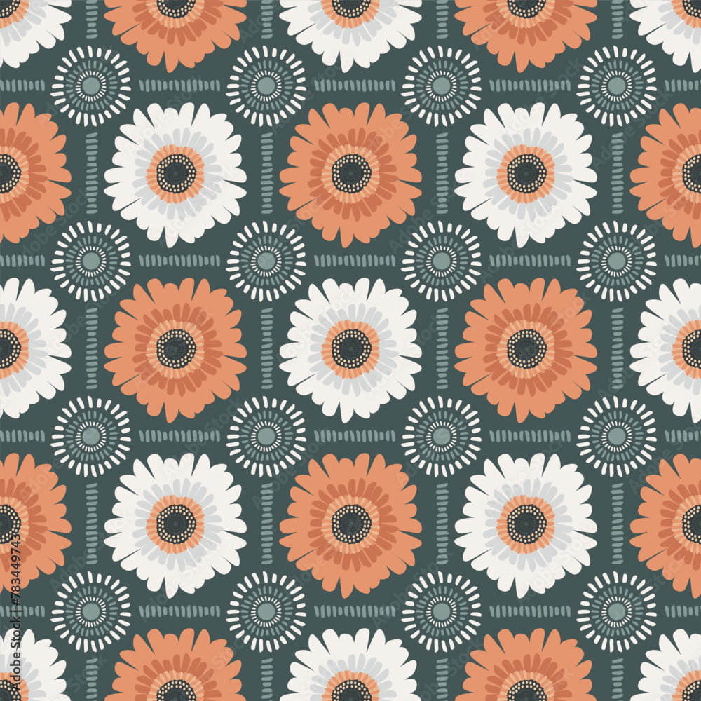 Orange and White Gerbera Daisy Grid Seamless Vector Repeat Pattern