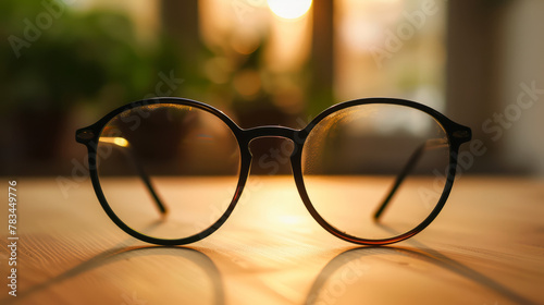 Eyeglasses were placed on a light brown table