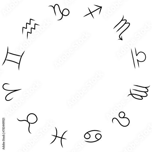 Astronomical clock with twelve zodiac signs. Horoscope wheel. Circle astrology hand drawn zodiac sign. Vector illustration isolated on white background