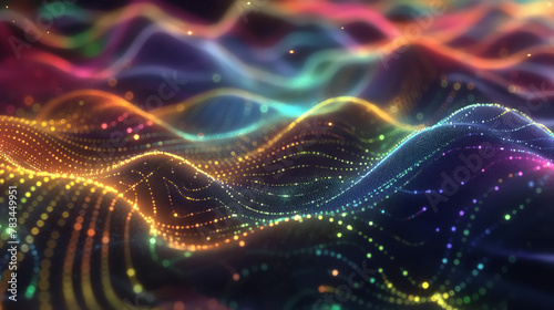 Colorful background with waves and glowing connectivity lines. Grid with sparkling particles. Concepts of connectivity, quantum field, matter, universe, space, information. © Studio Light & Shade