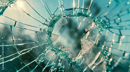 broken glass in office with sharp shards and cracks closeup of shattered window texture abstract photo